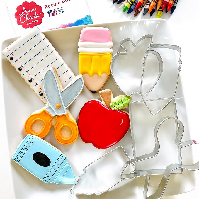 Ann Clark Back to School and Teacher Appreciation Cookie Cutters 5-Pc. Set Made in USA, Apple, Pencil, Crayon, Scissors, Paper