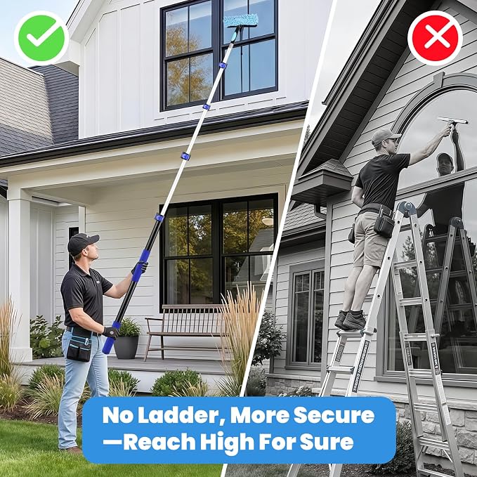 25ft High Reach Extendable Duster Kit with 4.5-18ft Extension Pole - Ceiling Fan Blade Cleaner, Spider Web Brush Cobweb Remover, Window Squeegee Kit with Telescoping Wand, Extended Extra Long Handle