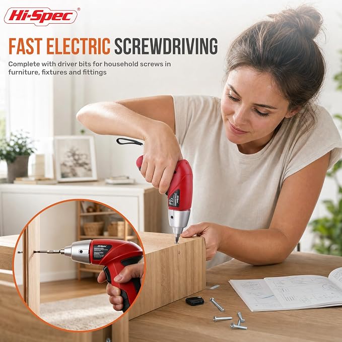 Hi-Spec 4V USB Electric Screwdriver Tool Kit for Home Repairs, Red | 42pc, fast assembly help, common screw bit selection, LED visibility, compact grip, quick household fixes, organized storage