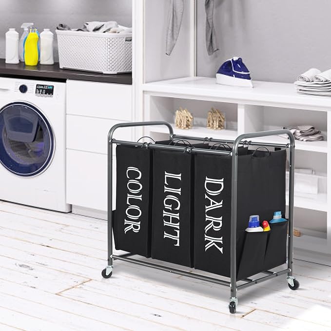STORAGE MANIAC 3 Section Laundry Sorter, 35.6 Gal (135 L) Laundry Hamper Cart with Heavy Duty Rolling Lockable Wheels and Removable Bags, Clothes Organizer Basket Separator Hamper, Label Black