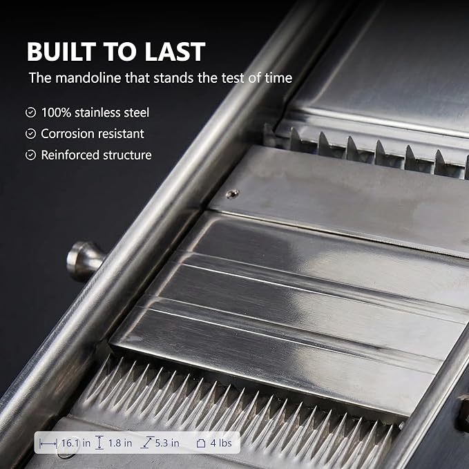 Bron Coucke – Professional Stainless Steel Mandoline with Protective Carriage – 2 Integrated Cutting Blade Units (3 mm & 10 mm) – Smooth & Corrugated Blades – Adjustable – Multi-Function