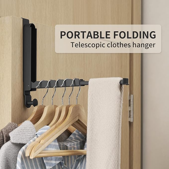 RFOUO Over The Door Hooks Hanger,Fit Door up to 1 3/8", Black, 1 Pack | Aluminum,Retractable Rod, Space-Saving, Foldable Over The Door Drying Rack,No drilling, For Laundry Bathroom Bedroom Travel