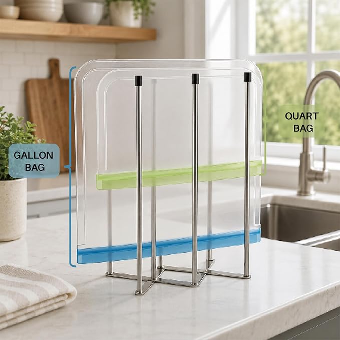 Reusable Bags Drying Rack, Extra Tall Foldable Stainless Steel Stand for 1 Gallon & Quart Zip-Top Reusable Bags, Plastic Bag Dryer for Silicone, Sandwich & Snack Storage Bags, Silver, 1 Pack