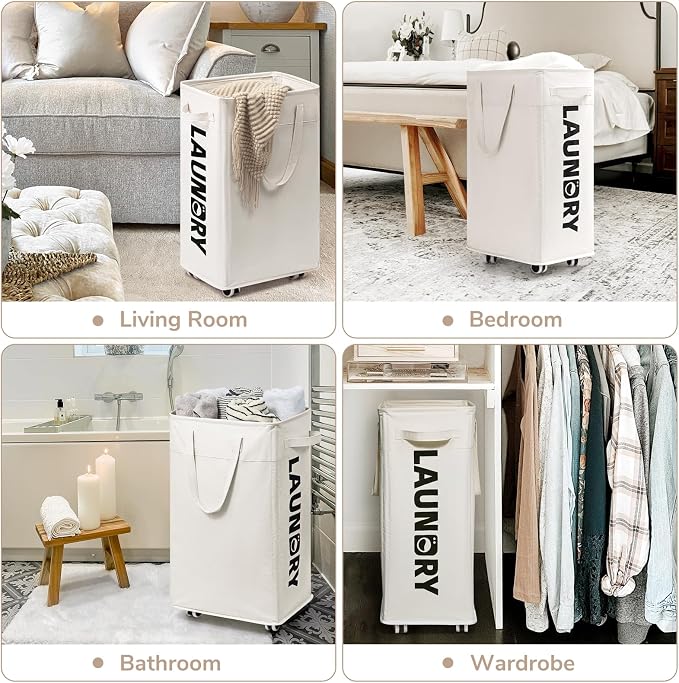 CHICVITA 75L Laundry Basket with Wheels & Handle 2-Pack, Wash Bags, White | Collapsible rolling laundry baskets for dorms and corners. Removable wash bags, easy-carry handles