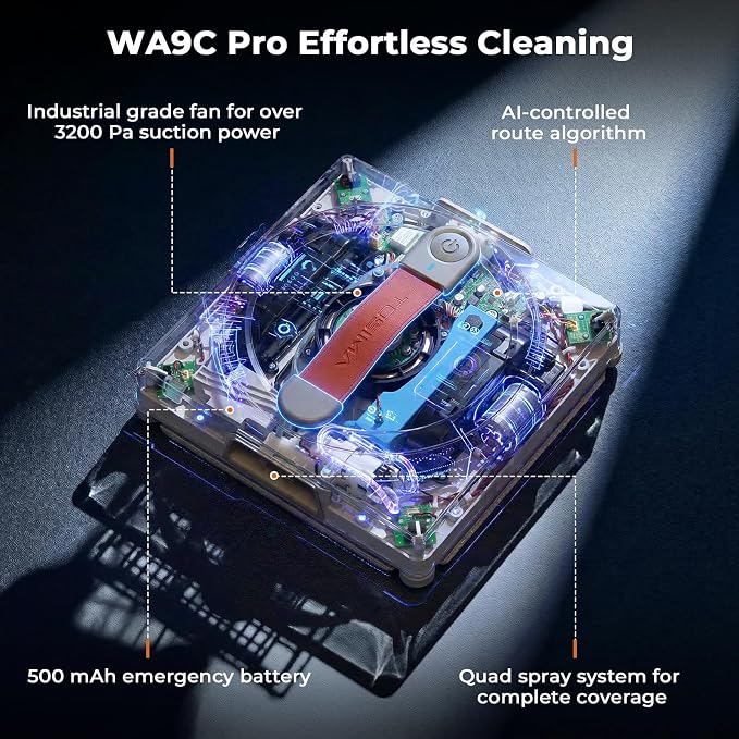 Tosima WA9C Pro Window Cleaning Robot with 4-Nozzle Dual Spray, AI Path Planning & Triple Safety System, 6 Cleaning Modes Remote Control Smart Window Robot for High-Rise Windows, Mirrors & Glass Doors