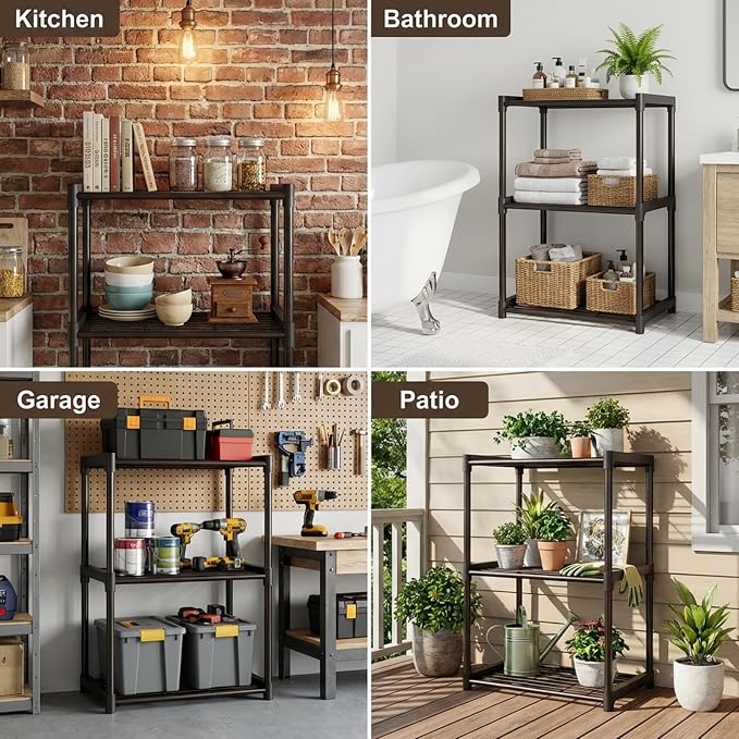 3-Tier Storage Shelves with Plastic Connectors – Metal Shelf Organizer for Pantry, Closet & Bathroom, Space-Saving Sturdy Shelving Unit Rack, Black, 17.3" x 12.8" x 28.9"