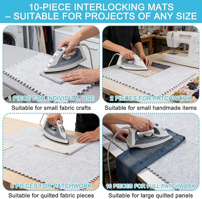 AIHSUMC 10 Pack Extra Large Wool Pressing Mat, Thick Felt Ironing Mats for Quilting & Sewing, Spliceable Ironing Pad Set for Large Fabric Projects, Portable Iron Board Alternative for DIY & Crafts