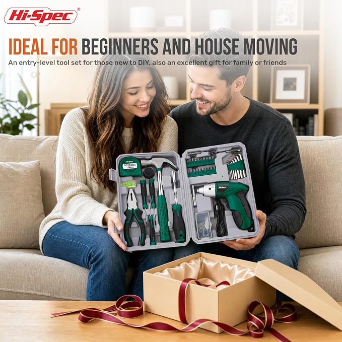 Hi-Spec 4V USB Electric Screwdriver Tool Kit for Home Repairs, Green | 42pc, fast assembly help, common screw bit selection, LED visibility, compact grip, quick household fixes, organized storage