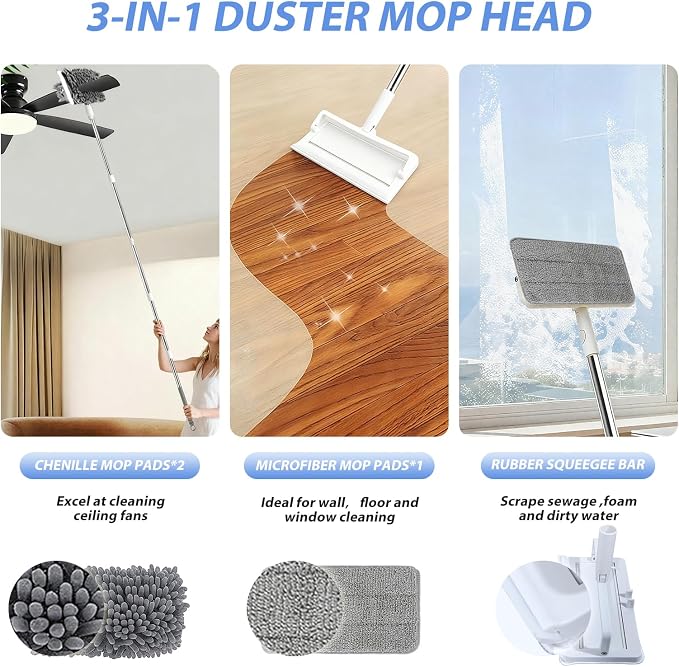 Ceiling Fan Cleaner Duster with 80'' Extendable Long Handle Pole - Microfiber Chenille Pads for Blades, Baseboards, Walls, Floors, Blinds & Cobwebs - Reusable & Washable