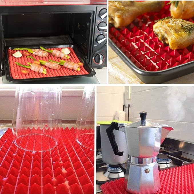 Silicone Baking Mat Pyramid Sheets Cooking Pan 16"x11" 2 Pack-Red，Best Healthy Fat Reducing Nonstick Cooking Mat for Baking Mat with Grid for Oven Grilling BBQ, Baking and Roasting