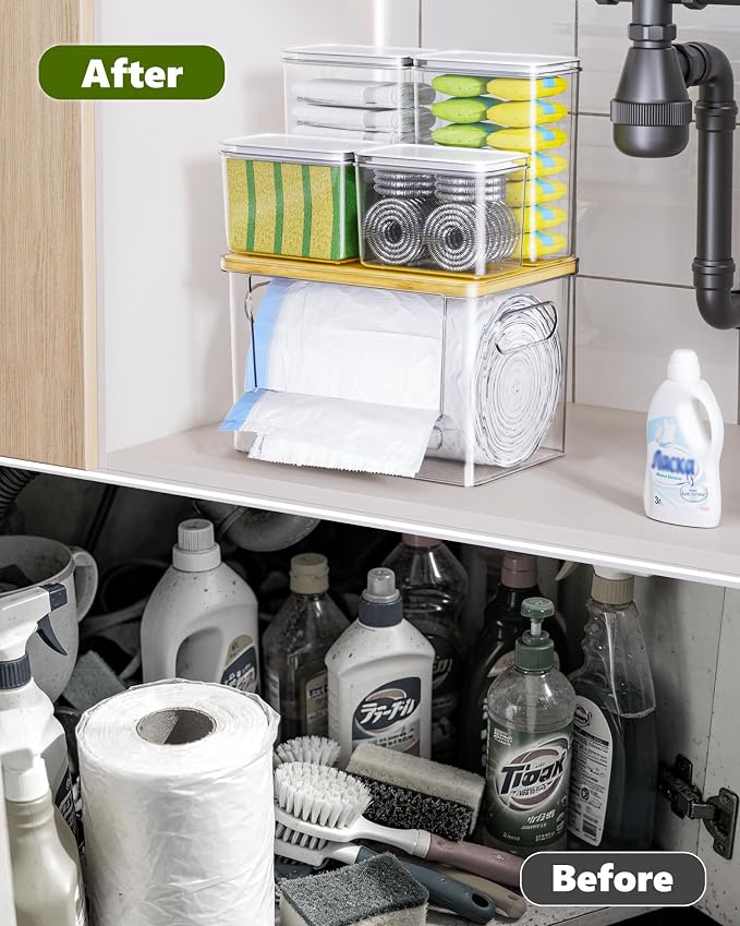 iCASA 5 in 1 Trash Bag Holder Dispenser Kitchen Under Sink Organizer | Stackable Garbage Bag Dispenser for 13/30/33 Gallon Bags, Clear Organizer Bins Dishwahser & Laundry Pods Container Storage