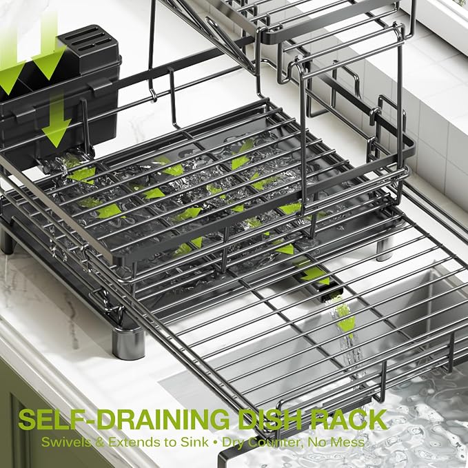 2-Tier Expandable Dish Drying Rack, Kitchen Counter Pink | Large Capacity Kitchen Organization, Heavy-Duty Carbon Steel, Swivel Drain Spout, Cup Hooks & Utensil Holder
