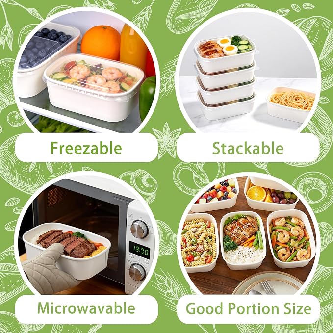 50 Pack 25 oz Paper Food Containers with Lids, Meal Prep Containers Disposable Large Paper Bowls, Microwavable and Freezer Storage Use Cardboard Food Containers (White)