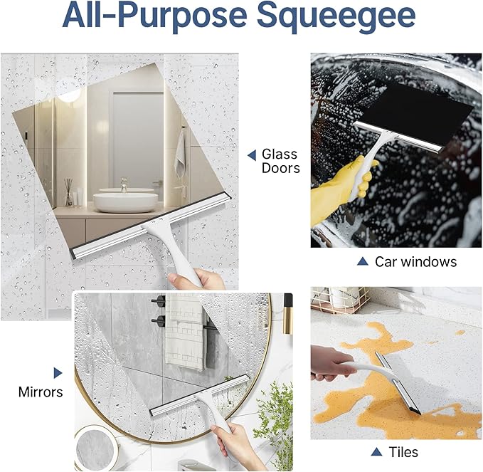 AmazerBath Squeegee for Shower Glass Doors - All-Purpose Squeegee with Hook for Windows, Mirrors, Tiles and Car Glass, 10 Inches
