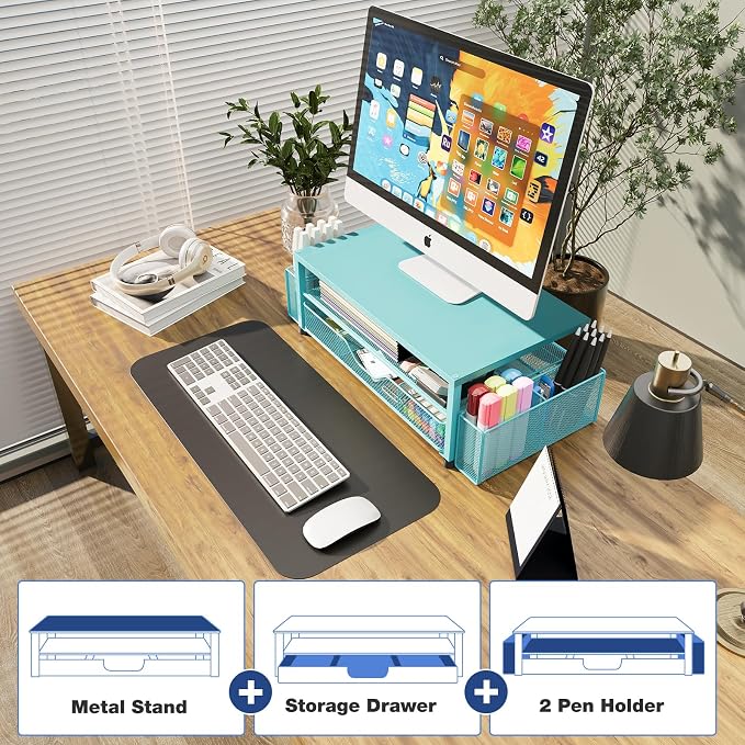 OPNICE Desk Organizer and Accessories, 2-Tier Computer Monitor Stand Riser with Drawer and 2 Pen Holders, Laptop Stand, Office Desk Accessories for Office Supplies, 1 Pack, Teal Blue
