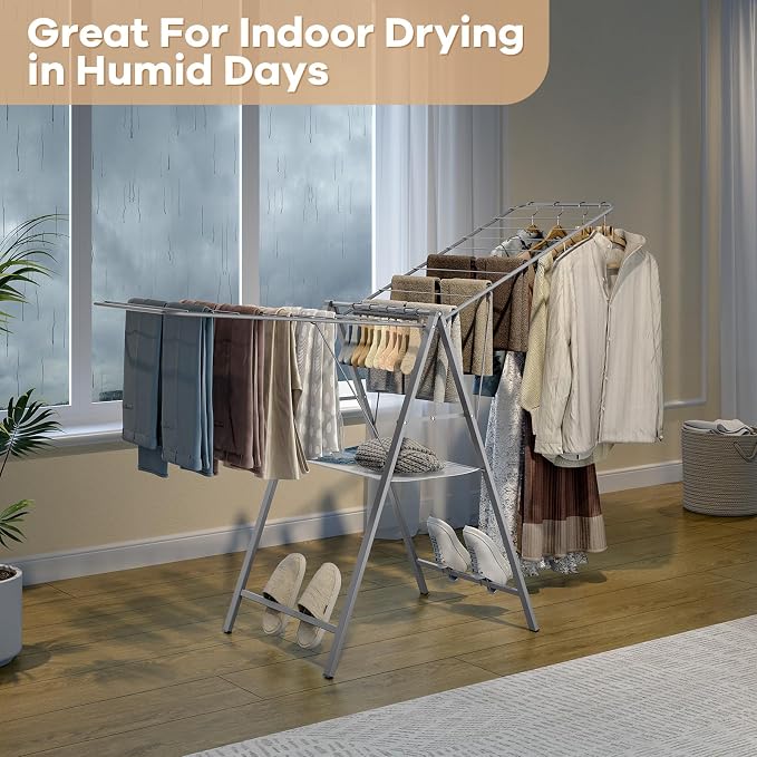 APEXCHASER 6 Height Adjustable Clothes Drying Rack with Shoe Slots, Grey | Pre-Assembled, Stable Load Structure, 22 Drying Rails, Foldable Space-Saving For Efficient Indoor & Outdoor Airflow Drying