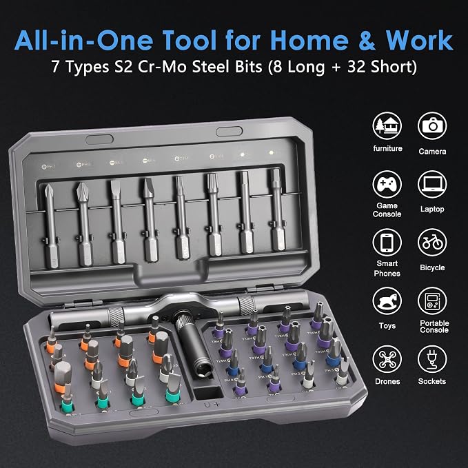 Asnish 42 in1 Magnetic Ratcheting Screwdriver Set with Multi Bit Tool Kit | Compact repair kit with storage case for electronics, computers, laptops, watches, bicycles and DIY repairs