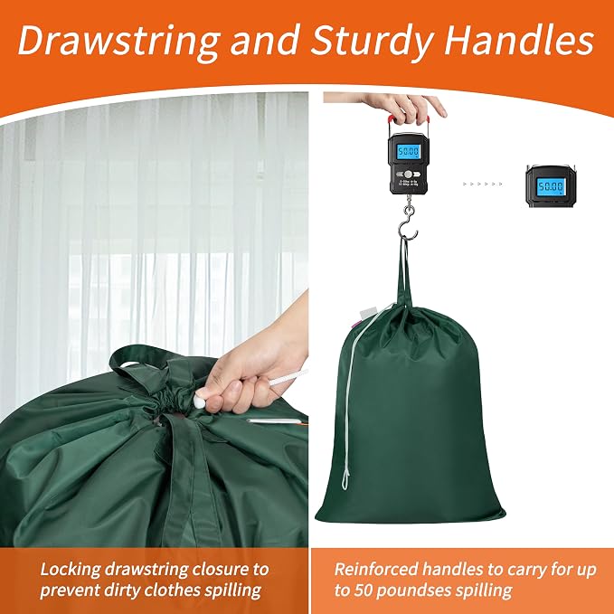2 Pack Extra Heavy-Duty Laundry Bag with Handles, Green, 28x36" | Extra Large, Name ID Tag, Machine Washable, Reinforced Handles, Drawstring Closure, For College Dorm Travel