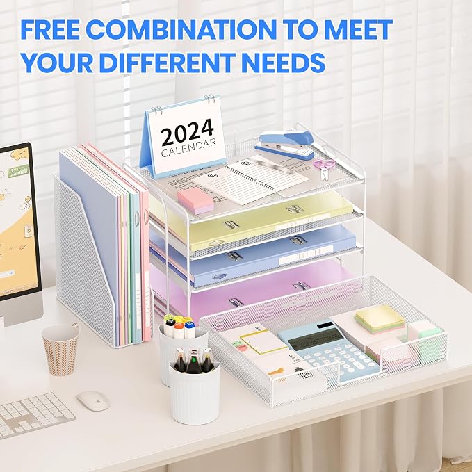 OPNICE Desk Organizer, 4-Tier Desktop File Organizer with Drawer and Pen Holders, Office Desk Accessories, File Sorters, Workspace Organizers for Office Supplies(White)