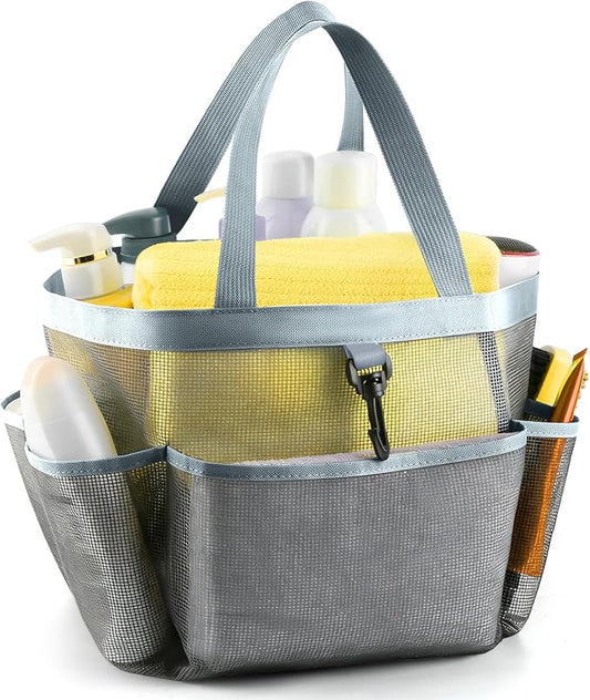 LOYEE Mesh Shower Caddy Portable for College Dorm Room Essentials with 8 Pockets, Shower Bag for Beach, Swimming, Gym, Travel, Bathroom(All gray)