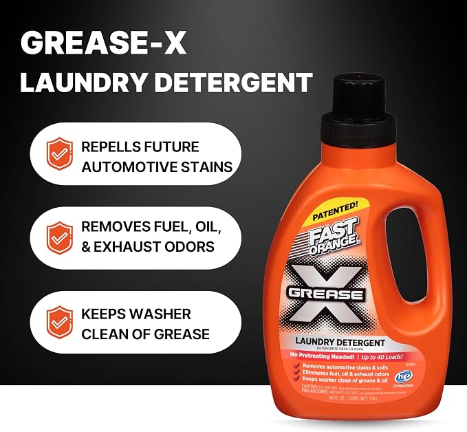 Fast Orange 22340 Fast Orange Grease X Mechanic's Laundry Detergent Liquid, 40 Fl. Oz. Stains, Soils & Odor Eliminator for Clothes, Heavy Duty Formula & Degreaser to Deep Clean Active Wear Clothing