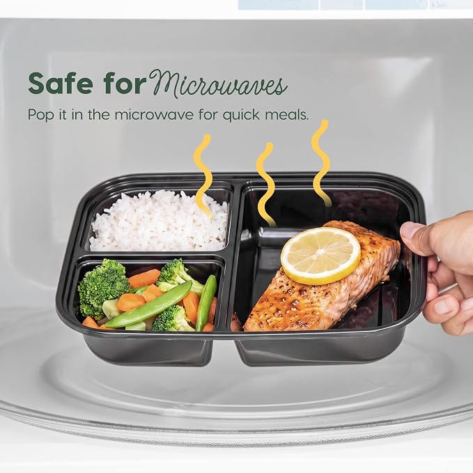 IRIS USA Meal Prep Containers, 36oz - 50 Pack (100-Piece) 3-Compartment Reusable Food Storage Containers with Lids, Plastic Kitchen Food Prep To Go Lunch Box, Microwave Freezer Dishwasher Safe, Black
