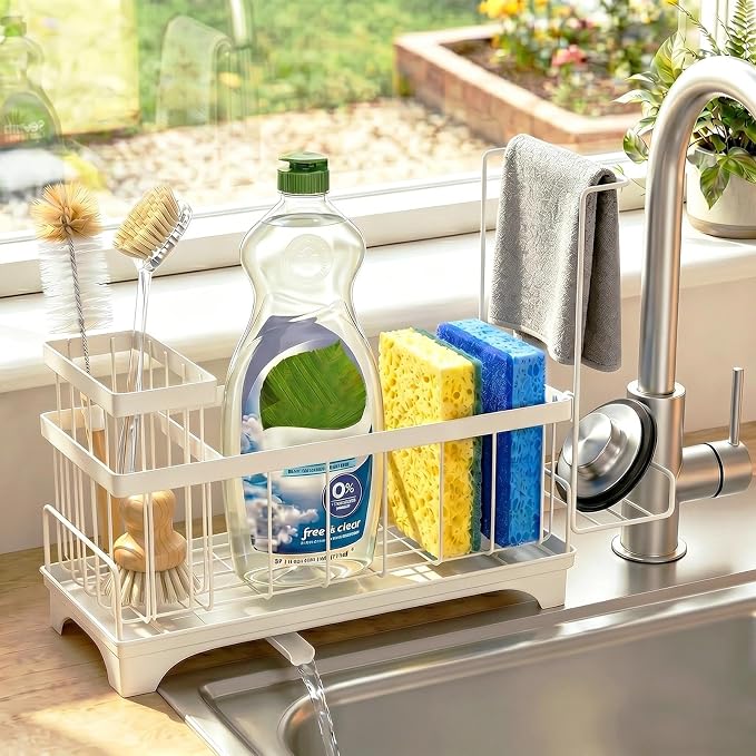 Sponge Holder for Kitchen Sink, Self-Draining Sink Caddy with Detachable Cloth & Dish Brush Rack, Metal Sponge Caddy Organizer for Kitchen Countertop Organizers and Storage Accessories, White