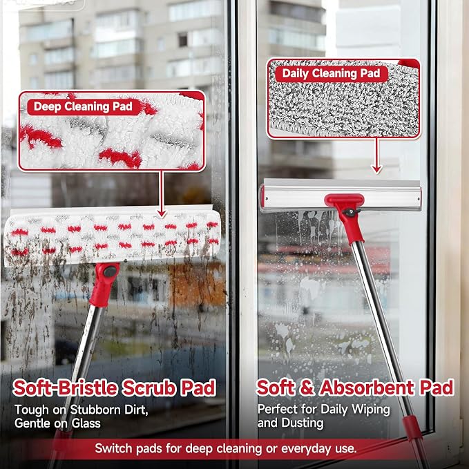 86.6" Window Squeegee for Home, Squeegee for Window Cleaning Kit with 6-Section Adjustable Long Handle, 16" & 12" Glass Scraper Squeegee for Shower Glass Doors & Windshield, Includes 4 Microfiber Pads
