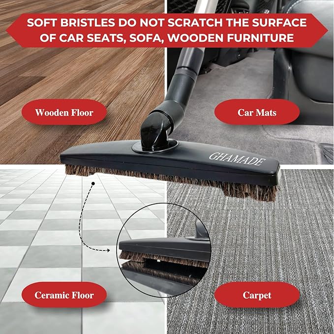 Universal Vacuum Attachments Hardfloor Brush and Replacement Accessories for Vacuum Cleaners - Horsehair Hardwood Floor Attachments and Vacuum Hose Adapter Kit - Vacuum Attachments for Car Detailing