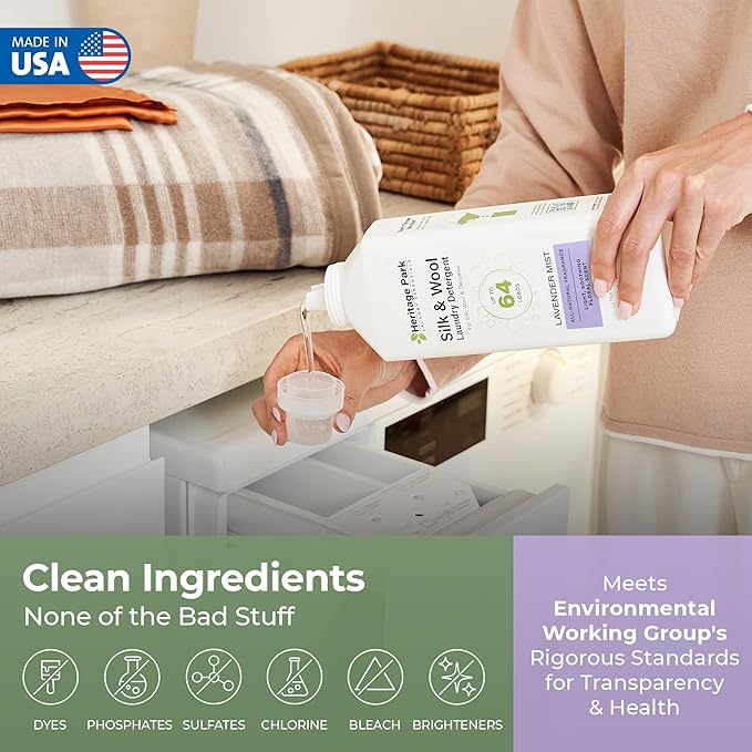 Heritage Park Silk & Wool Delicates Detergent - Lavender Mist - 32 fl oz | EWG Verified & EPA Safer Choice - Enzyme-Free Liquid Detergent - Hypoallergenic, Dermatologist Tested, Gentle on Silk & Wool