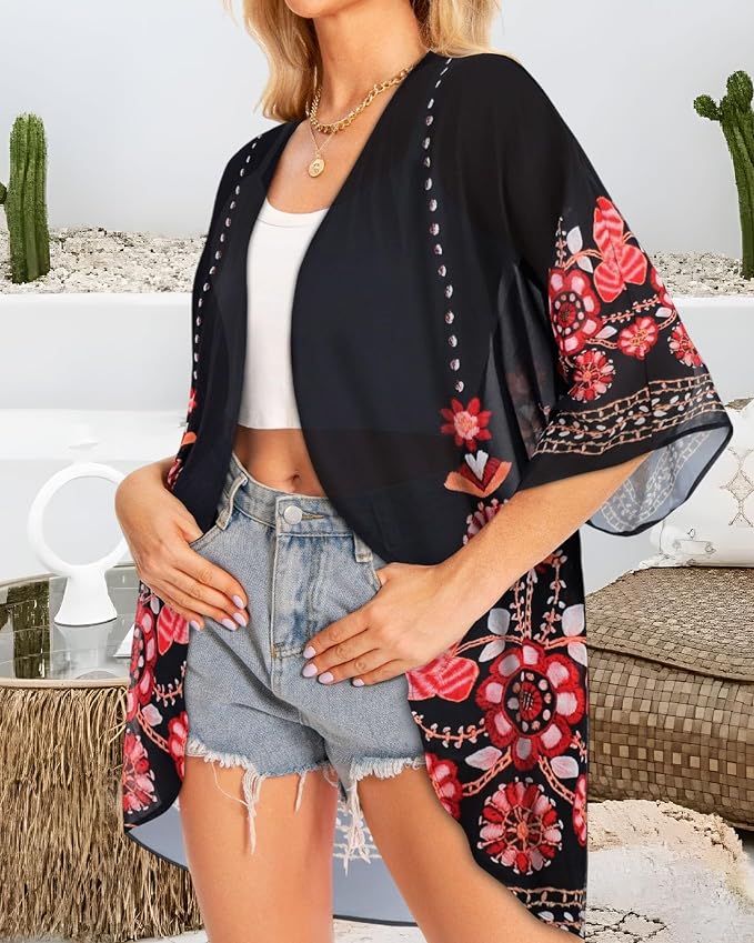 Women Kimono Cardigans Summer Cover Up Hawaiian Shirts Floral Print Tops | ROSEMIA chiffon kimono open front cardigans, beach cover ups, daily casual tops, cruise outfits, summer resort wear
