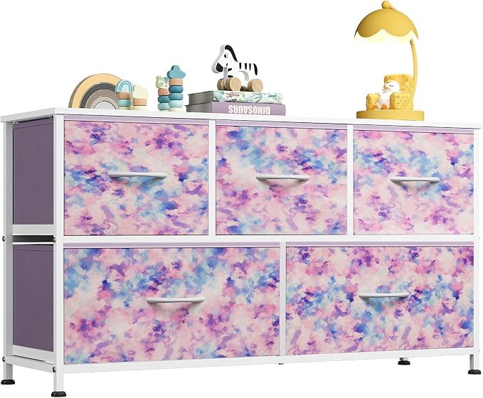 WLIVE Dresser for Bedroom with 5 Drawers, Wide Chest of Drawers, Fabric Dresser, Storage Organizer Unit with Fabric Bins for Closet, Living Room, Hallway, Tie-dye Print (Pink, Purple, Blue)