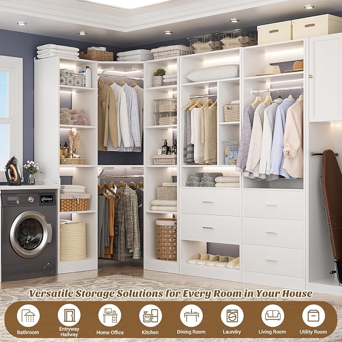 Besiost Corner Closet System with 5 Drawers, Closet Organizer System with 15+Shelvess & 4 Hanging Rods, 63.2"L * 63.2"W / 87.2"L * 39.2"W Reversible L Shaped Walk-in Closets, Load 2500+LBS, White