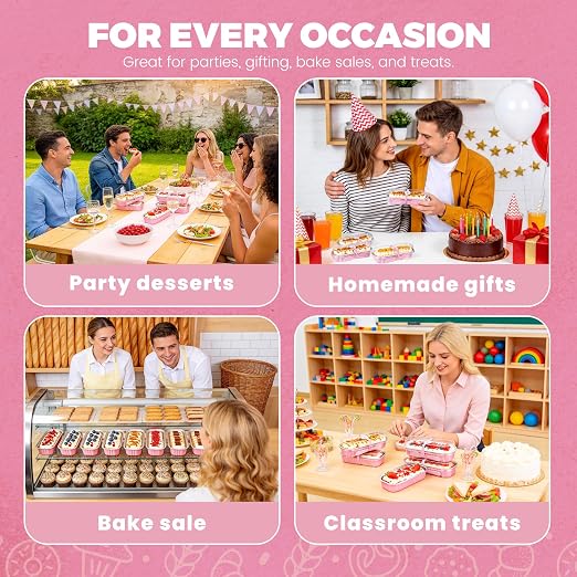 NPLUX Mini Cake Pans with Lids and Spoons, 50 Pack Pink Mini Loaf Pans with Lids, Mini Cake Containers for Baking, Mini Cheesecake and Party Desserts, Graduation Gifts Party Favors