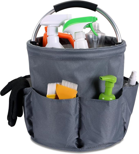 17L Cleaning Caddy with Handle & 6 Pockets, Foldable Cleaning Supply Organizer, Portable Shower Caddy, 600D Oxford Fabric Storage Basket for Home, Camping, Gardening, Bathroom, Cleaning Supply