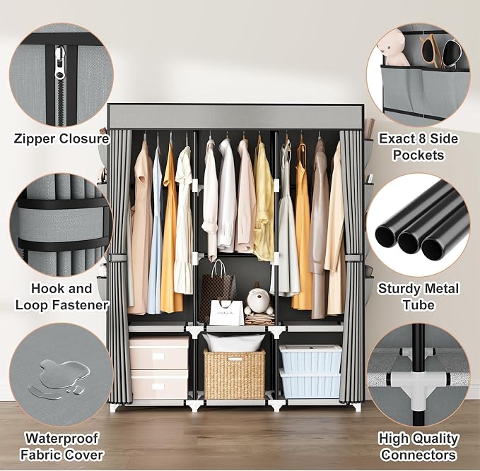 Portable Closet with Cover, 3 Hanging Rods and Side Pocket, Sturdy Free Standing Closet, Grey