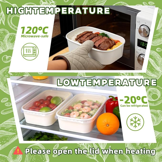 50 Pack 25 oz Paper Food Containers with Lids, Meal Prep Containers Disposable Large Paper Bowls, Microwavable and Freezer Storage Use Cardboard Food Containers (White)