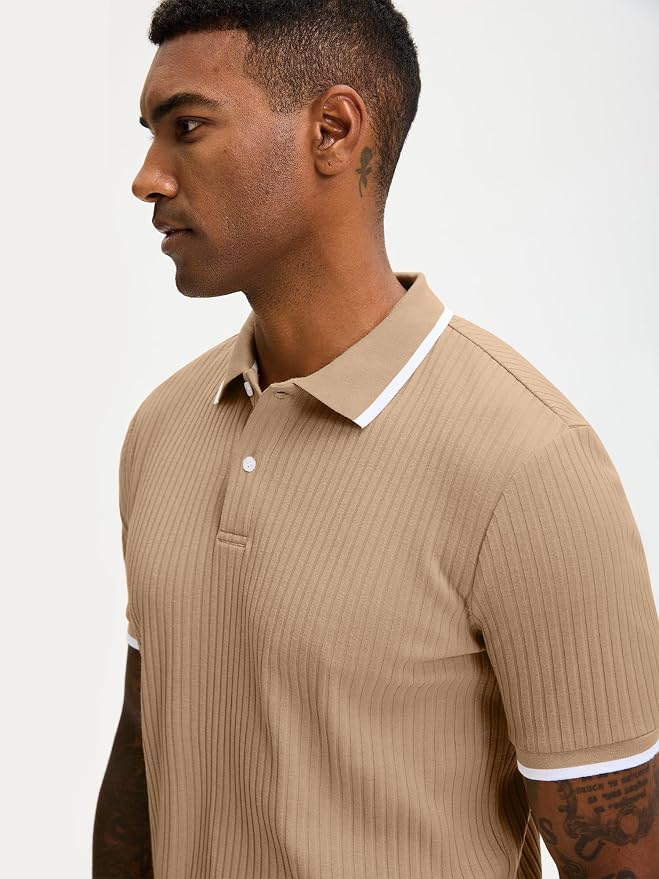 Comdecevis Men's Regular Fit Short Sleeve Knit Polo Shirts | Business casual, lightweight, breathable, stretch textured fabric, moisture wicking, easy care
