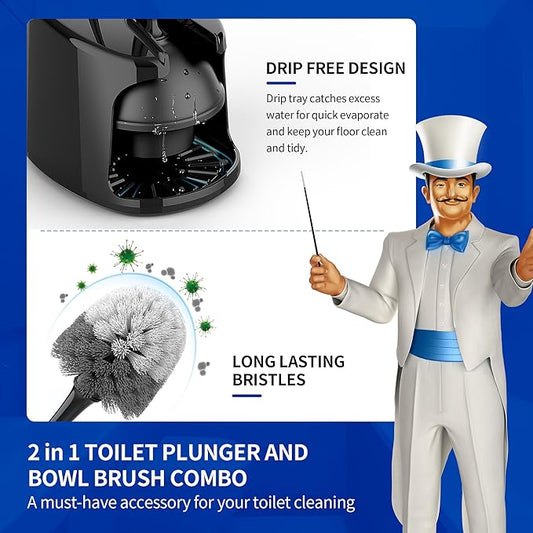 MR.SIGA Toilet Plunger and Bowl Brush with Holder, Heavy Duty Toilet Brush and Plunger Set for Bathroom Cleaning, Black, 1 Set