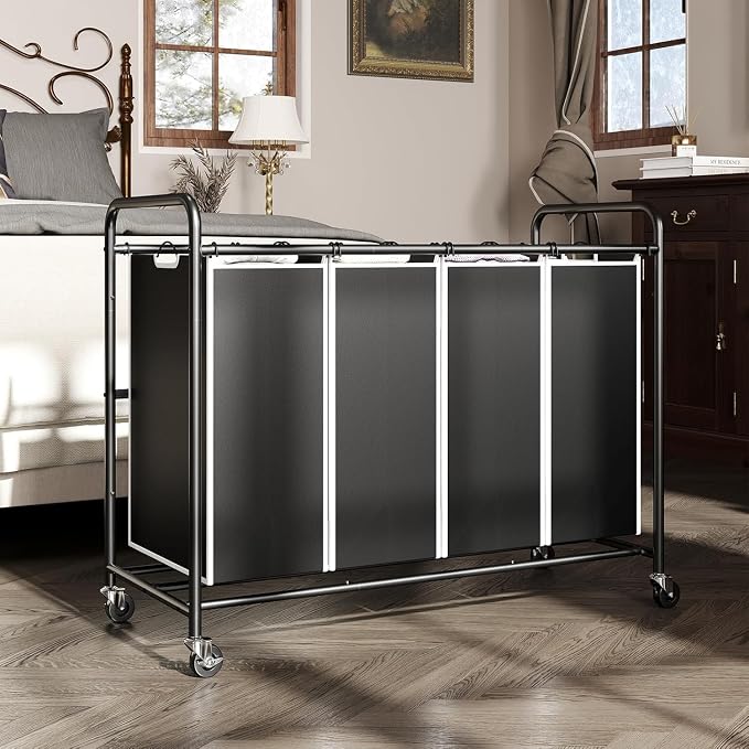 ROMOON Laundry Hamper Sorter Cart, 4-Section Organizer with Lockable Wheels | Heavy-Duty 180L Rolling Laundry Basket with Removable Bags for Dirty Clothes in Laundry Room or Small Spaces, Black