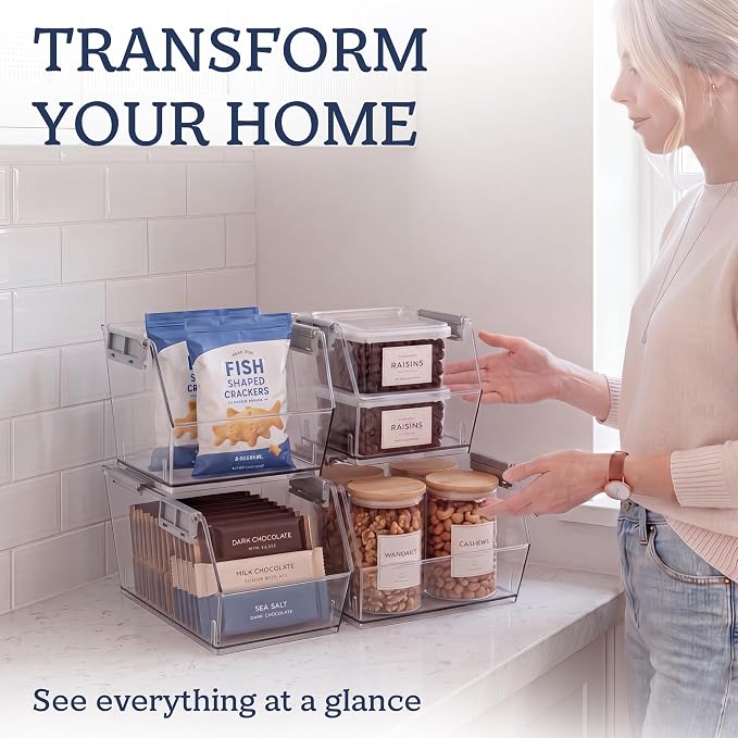 HOMESTEAD Set of 2 Small Stackable Storage Bins, Clear Plastic Organizer Bins, Open Front Design for Kitchen Pantry, Fridge, Cabinet, Bathroom and Snack Organization