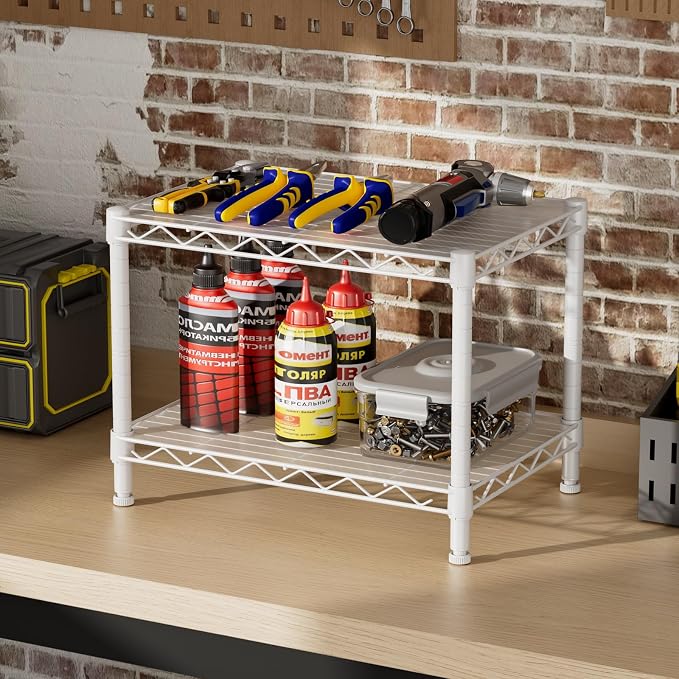 SINGAYE Small Wire 2 Shelves Pantry Metal Shelf Floor Organizer Under Desk | Armoire Adjustable Floor Kitchen Narrow Organizer Rack Shelving Short Square Stackable Standing Storage Tier Under Unit