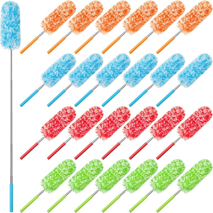 Tanlade 24 Pcs Microfiber Feather Duster for Cleaning, Extendable 13-31 Inch Ceiling Fan Duster with Bendable Head, Washable Tools for Ceiling Fans, Furniture, Car, Cobwebs (Bright Color)