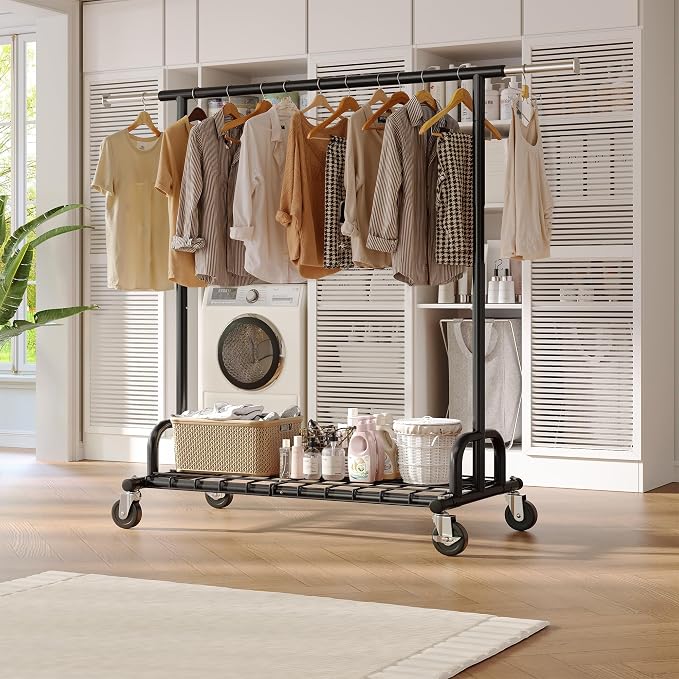 Raybee Clothes Rack Heavy Duty Load 530 LBS, Clothing Racks for Hanging Clothes, Rolling Clothing Rack, Extendable Adjustable Portable Clothes Rack, Metal Garment Rack, Black