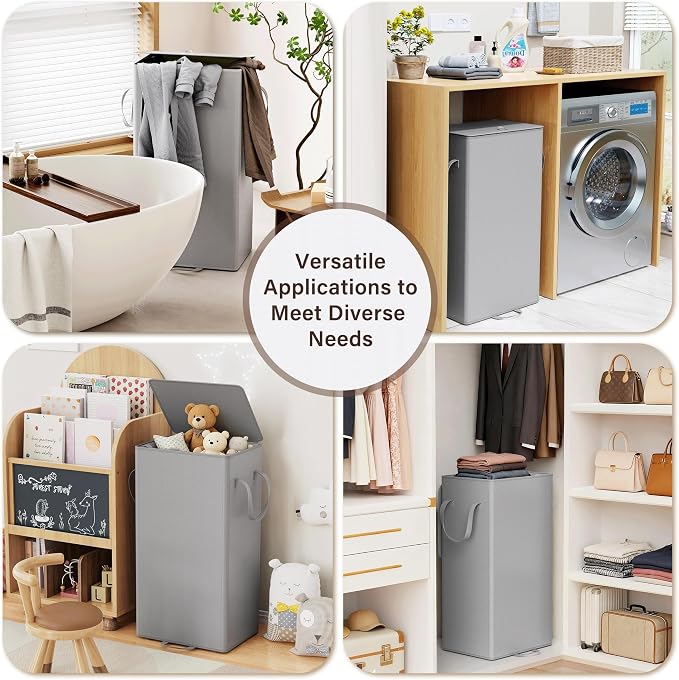 Criusia Laundry Hamper with Lid and Foot Pedal, 100L Fabric Laundry Basket with Removable Mesh Bag, Slim Foldable Design for Bathroom and Laundry Room (Gery)