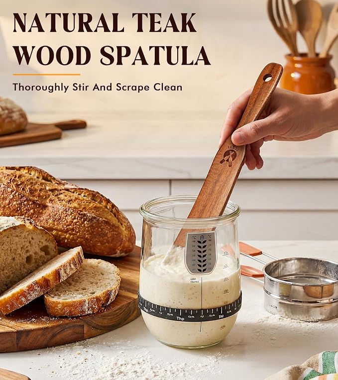2 Pack Wooden Spurtle for Sourdough Starter, Mixing, Reaching Bottom of Jar, Dough Whisk, Natural from High Moist Resistance Teak, Spurtles Kitchen Tools Wooden Kitchen Utensils for Baking, Cooking