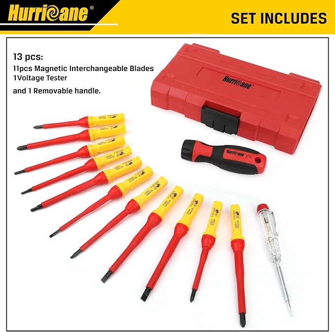HURRICANE 13 Piece 1000V Insulated Electrician Screwdriver Set, Cr-V Magnetic Tip. 4 slotted, 2 Phillips, 2 Pozidriv, 3 Torx, 1 Electroprobe, and 1 handle. Ideal for Professional & Home Repair