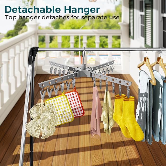 KINGBOARD 2-Tier Clothes Drying Rack, 72" H Drying Rack, 7 Rotatable Arms | 360° Rotatable Arms, 27 Hanger Holes, 24 Clips, Stainless Steel, Tool-Free Setup, Portable for Travel & Home, 30lbs Hold
