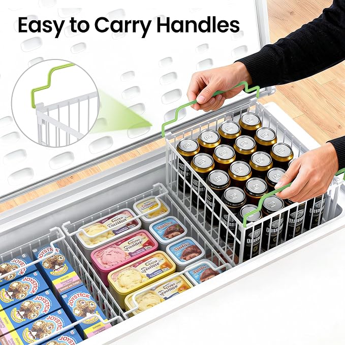 MSERCUOR Freezer Organizer Bins, 6 Pack Big Stackable Deep Chest Freezer Organizer Bins, Foldable Baskets with Handles, White Storage Container Baskets for 5 to 9 Cu.FT Deep Freezer Sort Frozen Meats