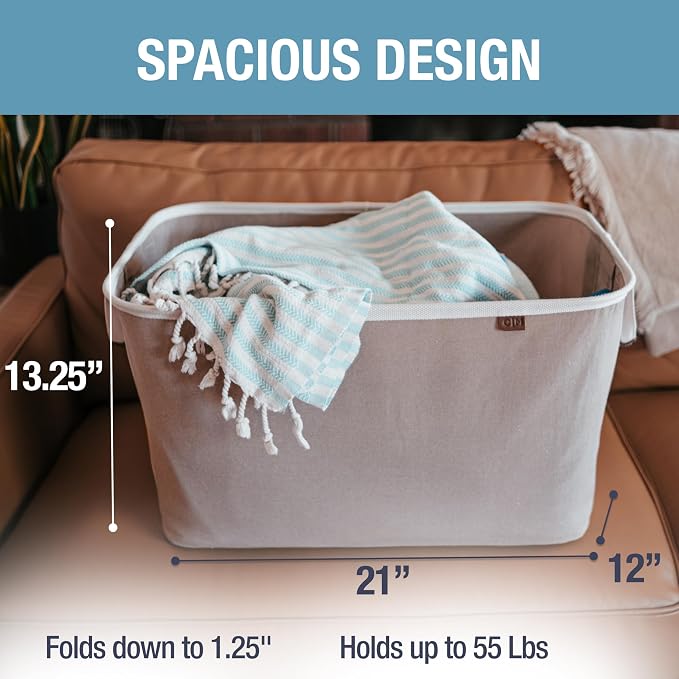 CleverMade LUXE Collapsible Laundry Basket, 60L, 2 Pack, Mocha | Cotton-blend fabric and vegan leather accents elevate visible storage. Each basket supports 55 lb and folds flat.